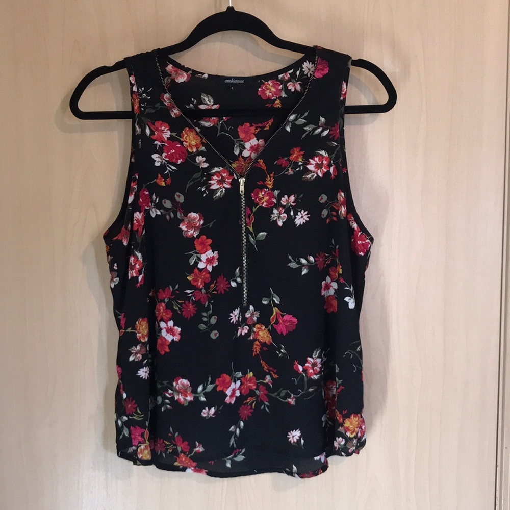 Sheer Black Floral Business Casual Junior Tank Top Zip Up Flowy